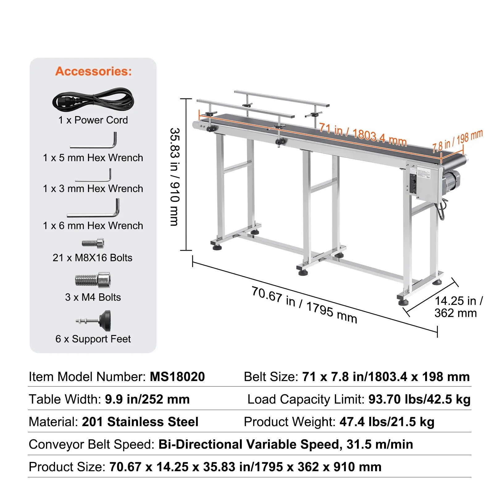 KFFKFF 71"x7.8" Belt Conveyor PVC Belt Conveyor Stainless Steel Double Guardrail