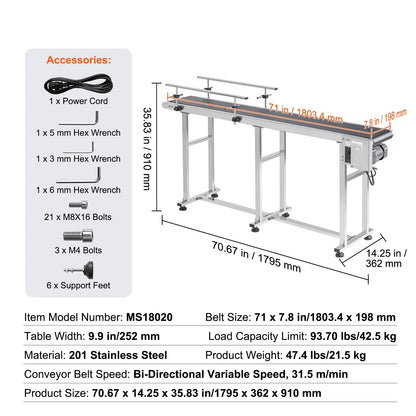 KFFKFF 71"x7.8" Belt Conveyor PVC Belt Conveyor Stainless Steel Double Guardrail