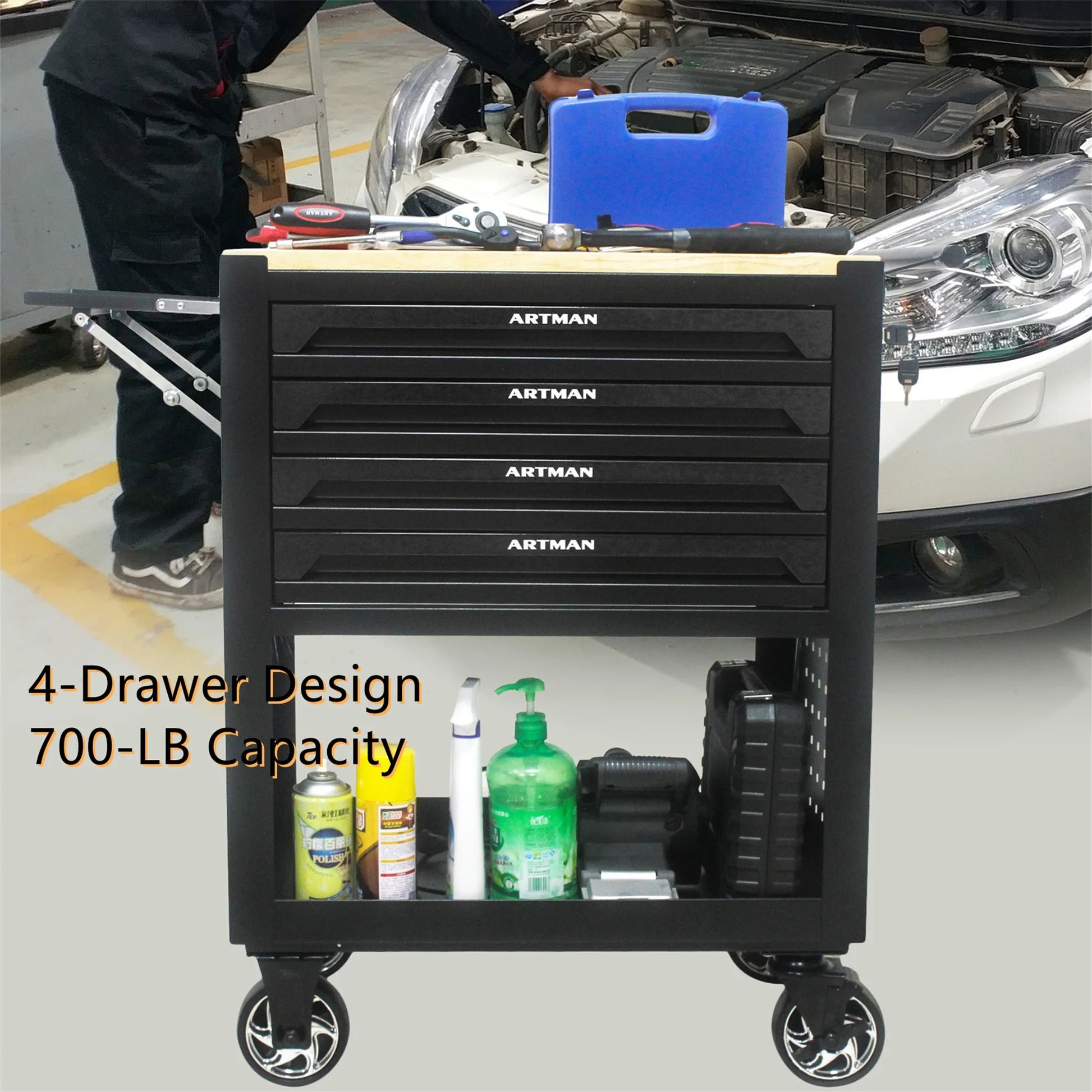 Aukfa 30 inch Mechanic's Tool Cart, 700 LB Capacity 4-Drawer Tool Chest on Wheels for Garage, Black