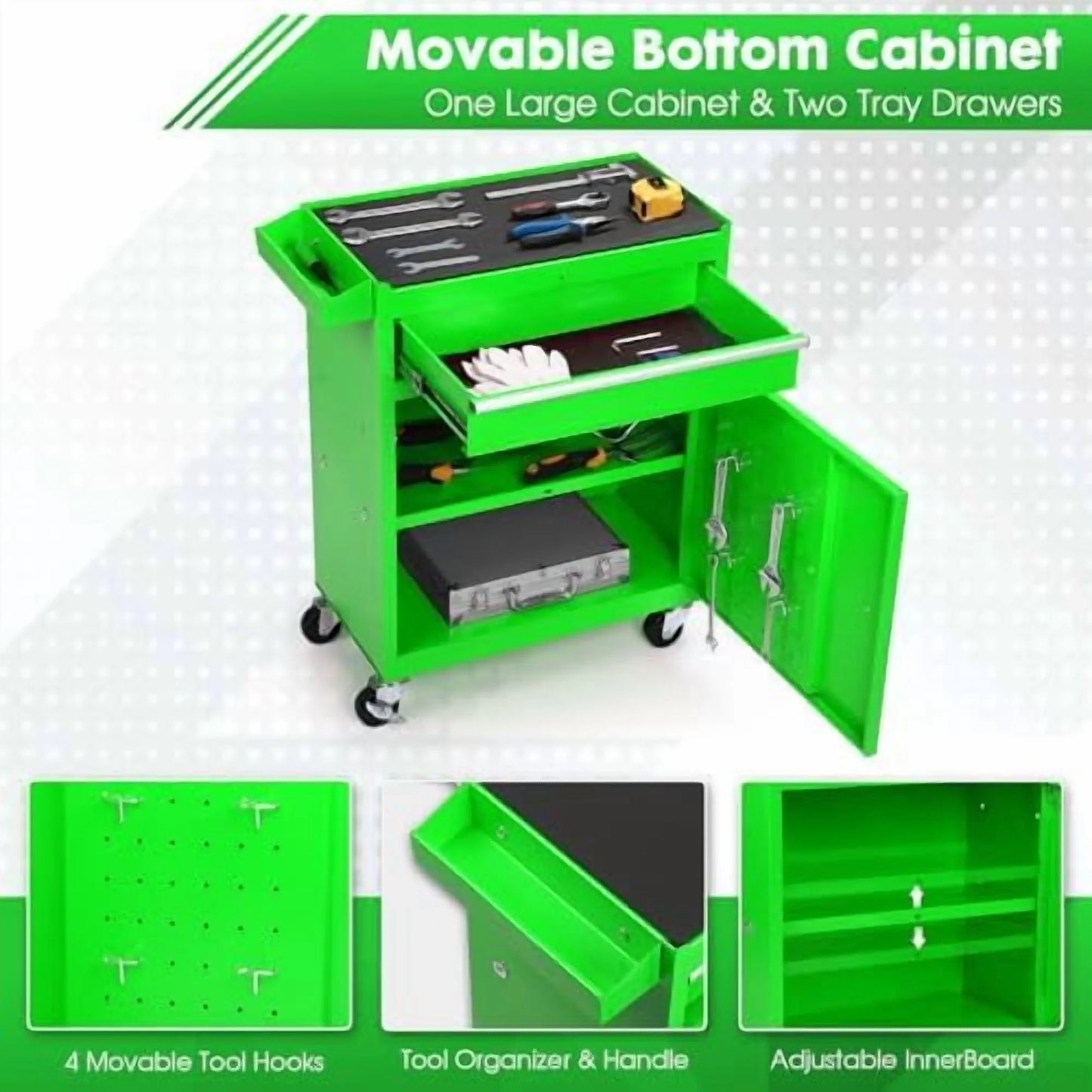 5-Drawer Rolling Tool Chest - 2-in-1 Lockable Tool Box with Wheels, Sliding Drawers & Detachable Top - Garage & Workshop Storage Cabinet, Green