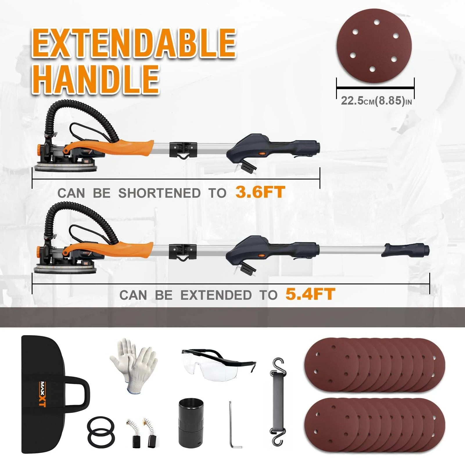 Drywall Sander with Vacuum Dust Collection, 6 Variable Speed Foldable Telescopic Electric Wall Sander, Popcorn Ceiling Removal Tool, 1900RPM Power Sander Tool, LED Light, 18Pcs Sanding Discs,Power D