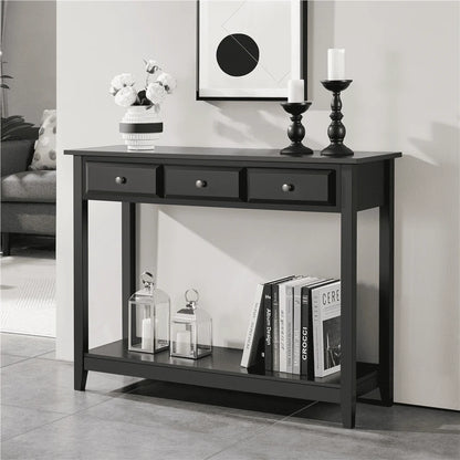 Topeakmart 3-Drawer Wooden Console Table Entryway Table with Storage Shelf Pine Wood Legs, Black