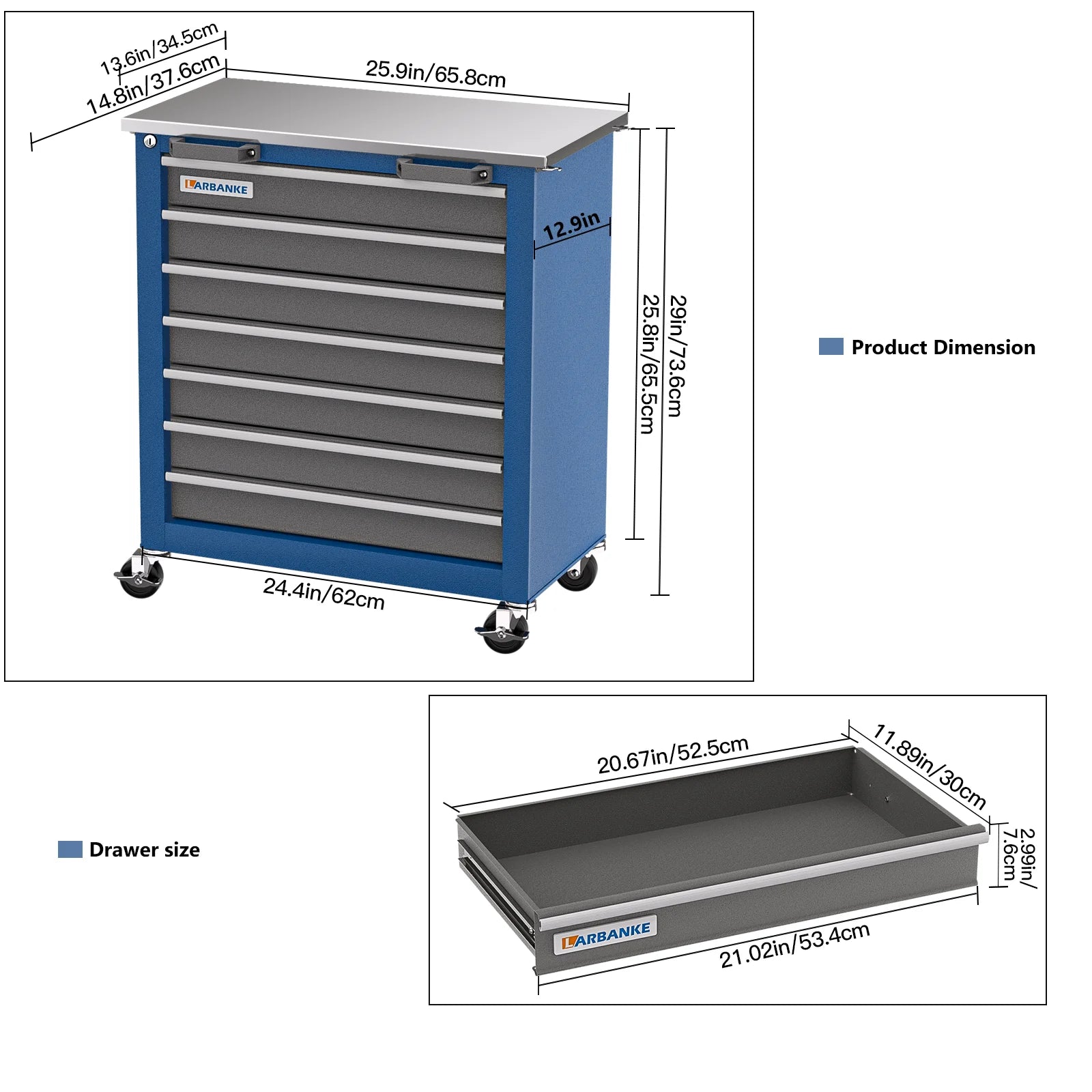 LARBANKE 5 Drawer Rolling Tool Chest, Metal Tool Cabinet with Wheels, Drawers with Padding, Can Be Combined