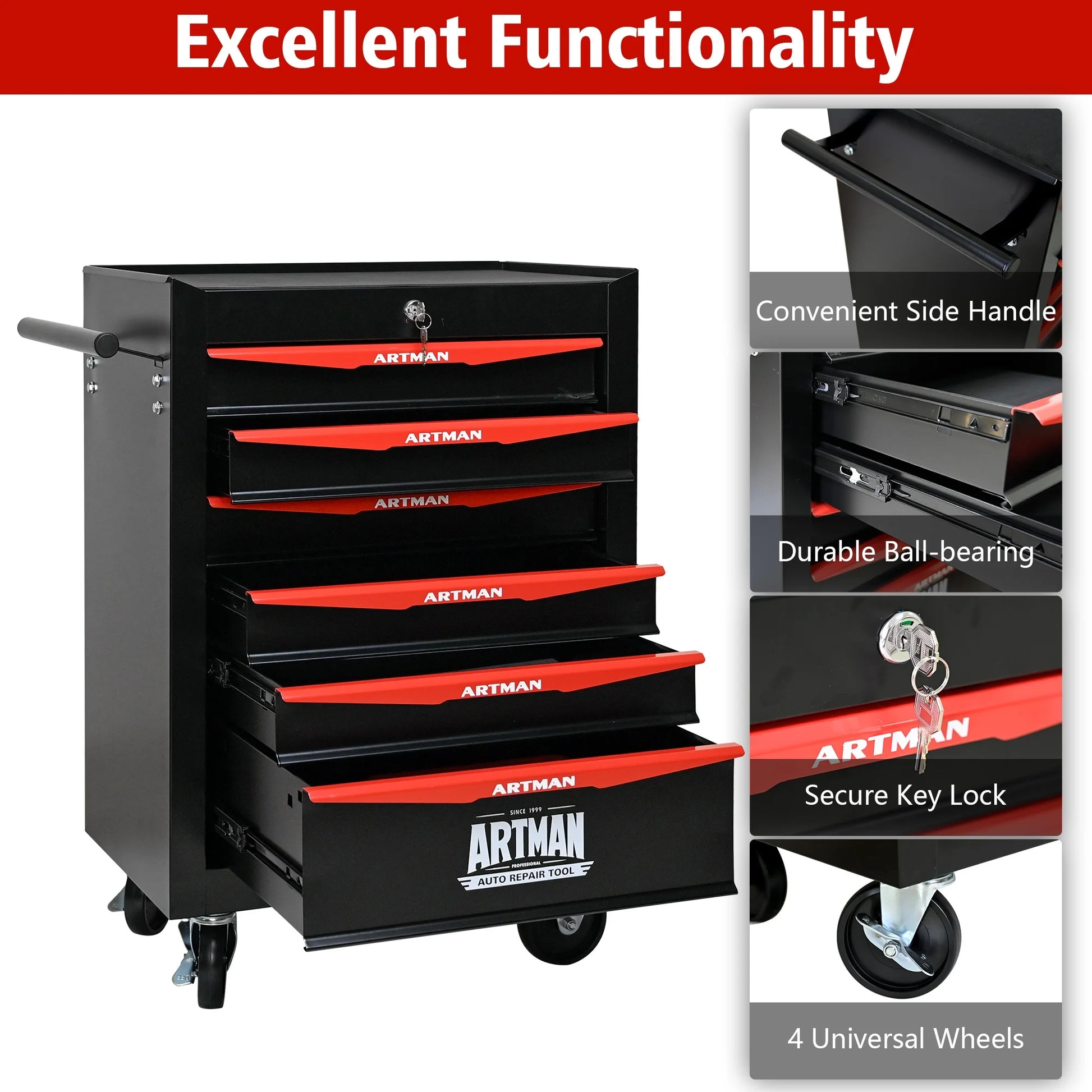 20" Rolling Metal Tool Chest with 6 Drawers, Ball Bearing Slides, Steel Tool Storage Organizer, Black & Red