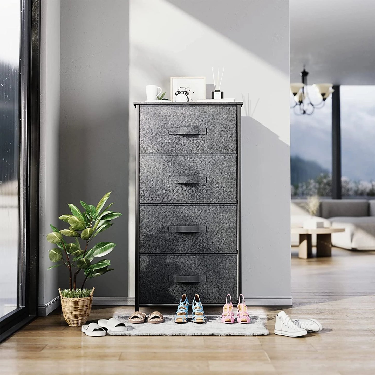 Dextrus 4-Drawer Fabric Dresser, Furniture Storage Tower Cabinet, Organizer for Bedroom, Living Room, Hallway, Closet & Nursery, Sturdy Steel Frame, Wooden Top, Easy-to-Pull Fabric Bins(Gray)