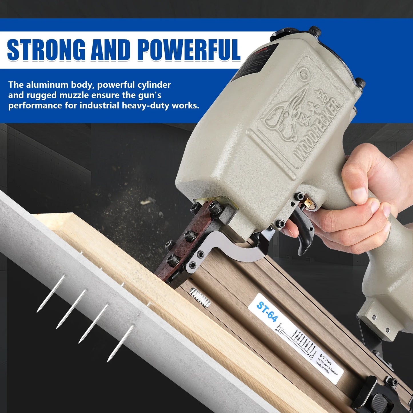 WOODPECKER ST64 Pneumatic Concrete T Nailer, 14 Gauge 3/4" to 1-1/2" Heavy Duty Air Concrete Nail Gun for hardwood nailing, Masonry, Cement, Concrete Brick Nailing