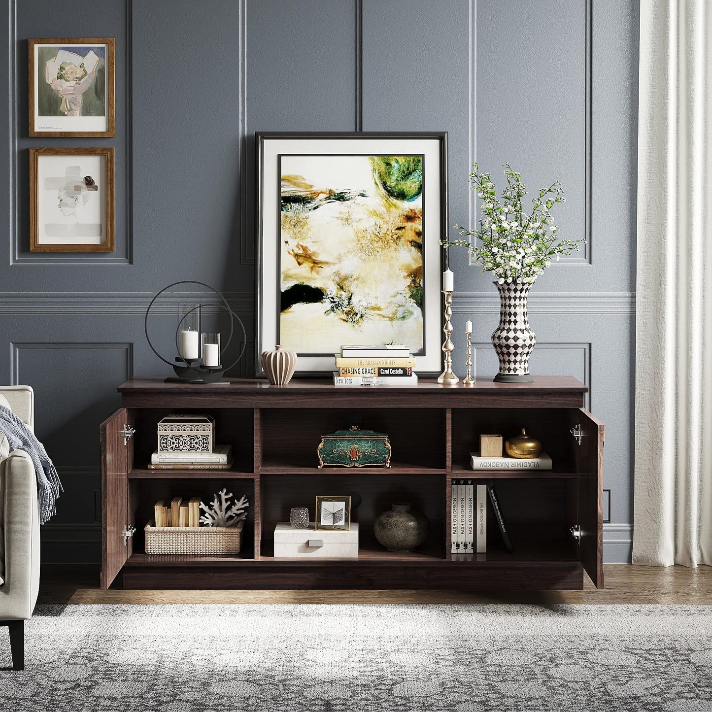 DEXTRUS Farmhouse Storage Cabinet, Buffet Sideboard with Barn Door for Dinning Living Room, Espresso