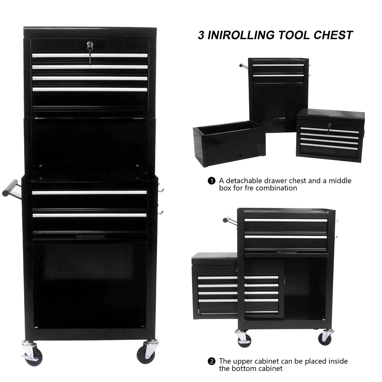 Aukfa Tool Box, 3 in 1 Steel Rolling Tool Chest w/6-Drawers & 2 Cabinet for Garage Workshop, Black