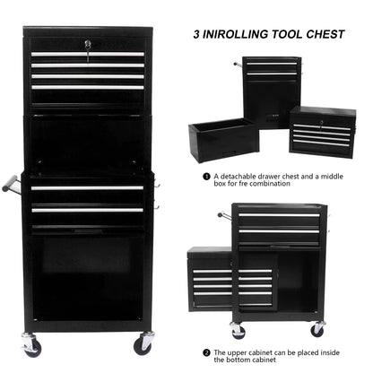 Aukfa Tool Box, 3 in 1 Steel Rolling Tool Chest w/6-Drawers & 2 Cabinet for Garage Workshop, Black