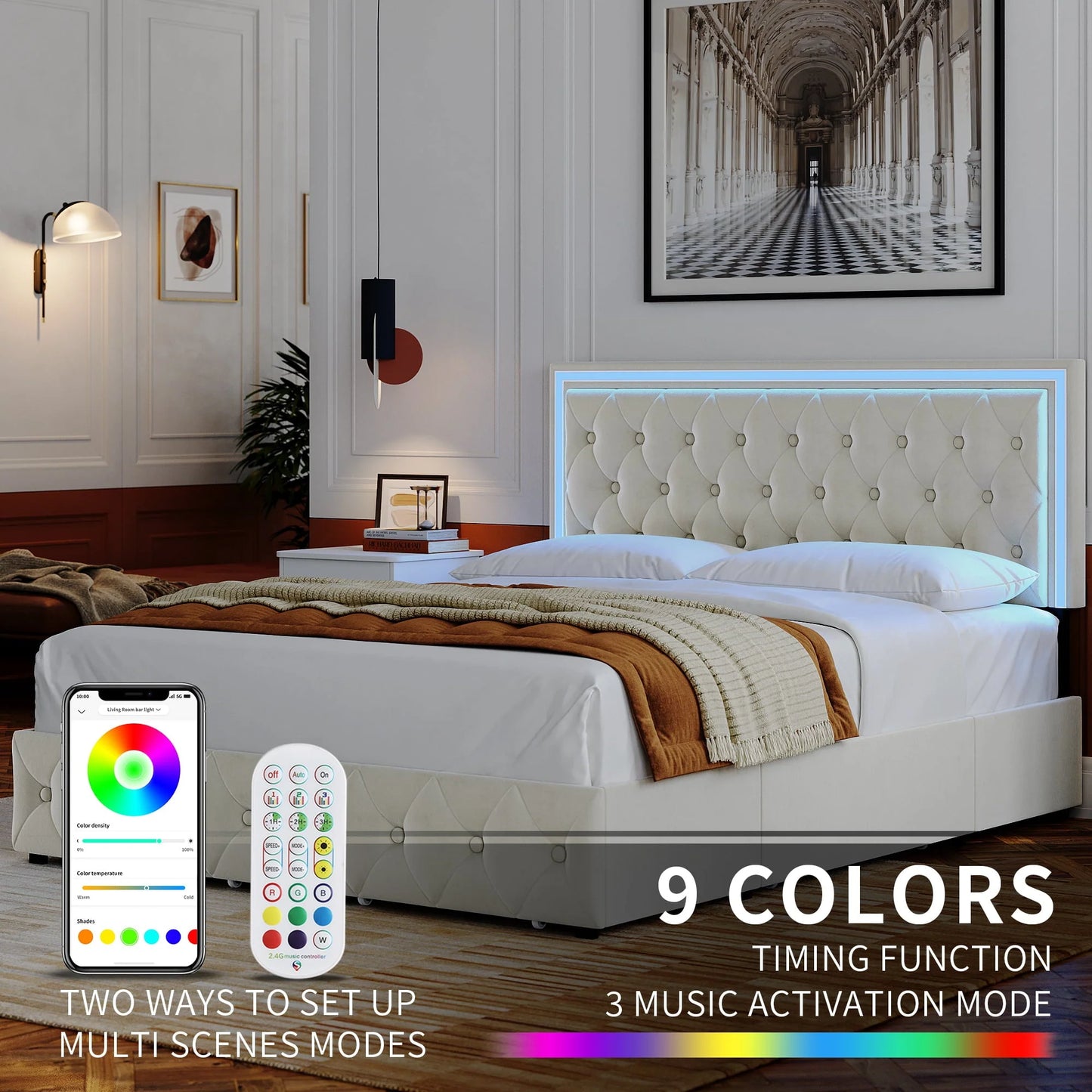 Homfa Queen LED Bed, 9 Colors LED Lights Platform Bed Frame with 4 Storage Drawers, Adjustable Upholstered Headboard with Button Tufted, Velvet Beige