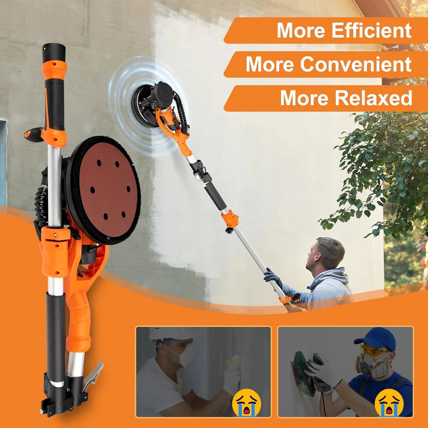 Drywall Sander, 1000W Popcorn Ceiling Removal Tool, Automatic Drywall Sander with Vacuum Dust Collection, LED Light, 6 Variable Speed 800-2200RPM,15Pcs Sanding Discs, Foldable & Extendable Handle