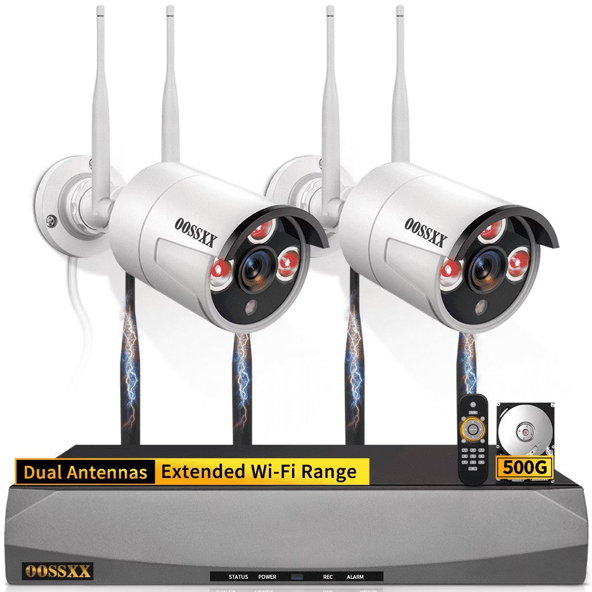 OOSSXX Dual Antennas Wireless Security Camera System, 4 Wireless Cameras for Outdoors with 2TB Hard Drive with AI Human Detected