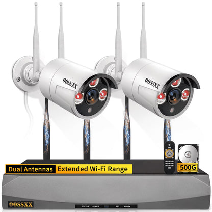 OOSSXX Dual Antennas Wireless Security Camera System, 4 Wireless Cameras for Outdoors with 2TB Hard Drive with AI Human Detected