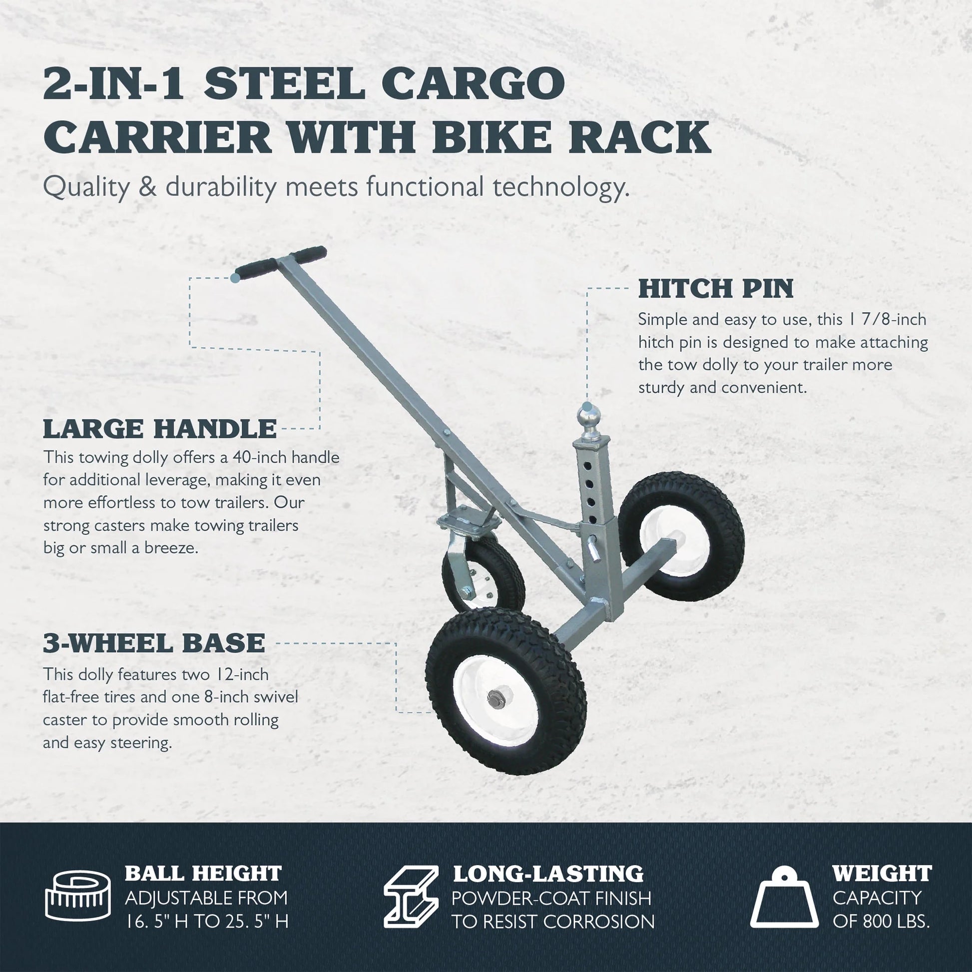 Tow Tuff Adjustable Heavy Duty 800 Pound Capacity Portable Trailer Dolly