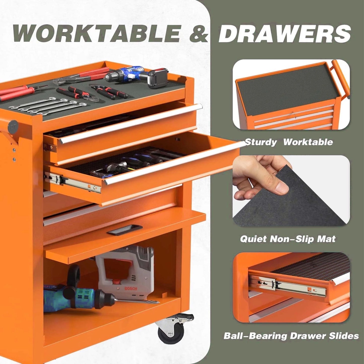 POWANLI Drawer Rolling Tool Chest with Wheels, Steel Orange, 24.25" 48.5 lb