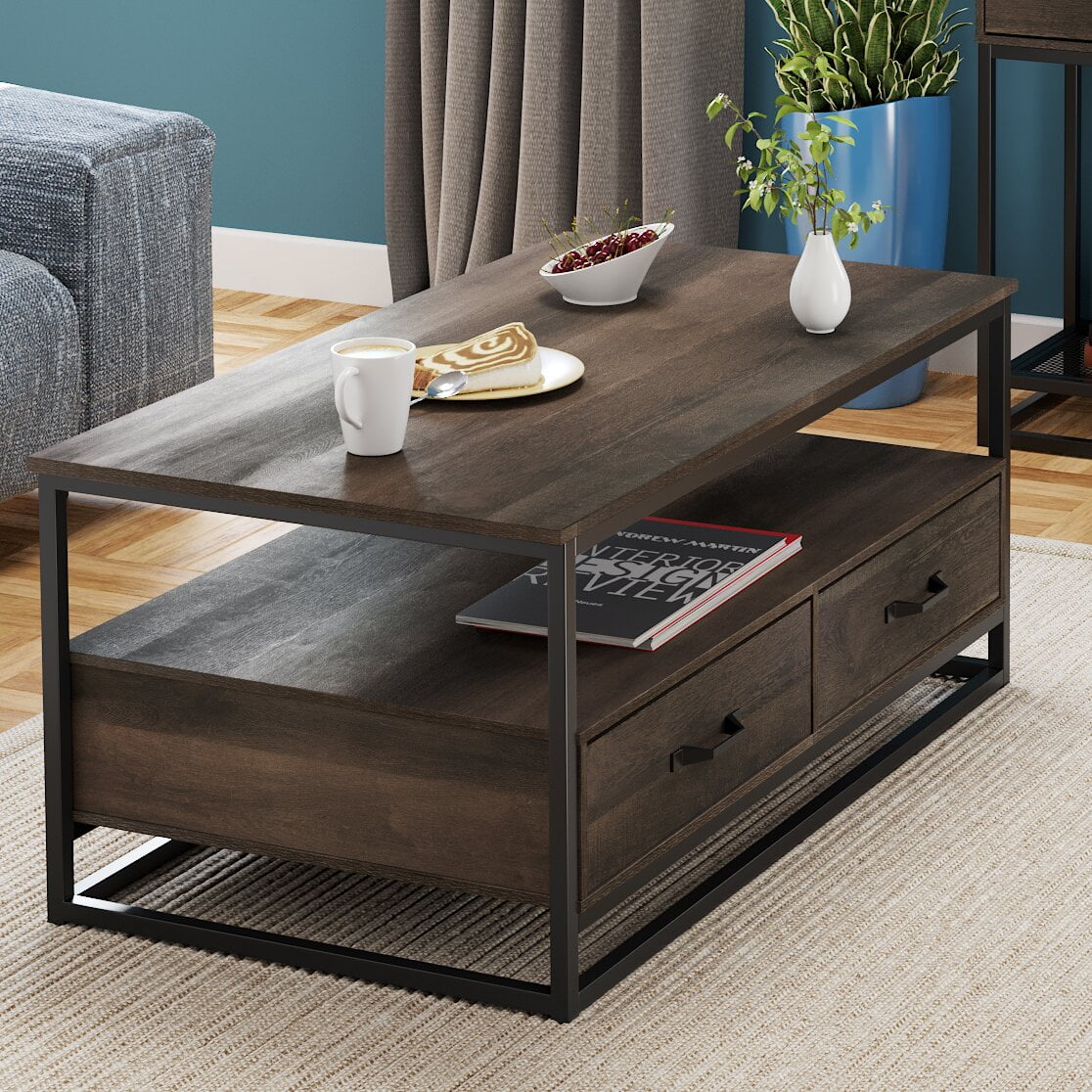 Homfa 43" Coffee Table with Storage Drawers, Wooden TV Stand Center Table for Living Room, Dark Brown