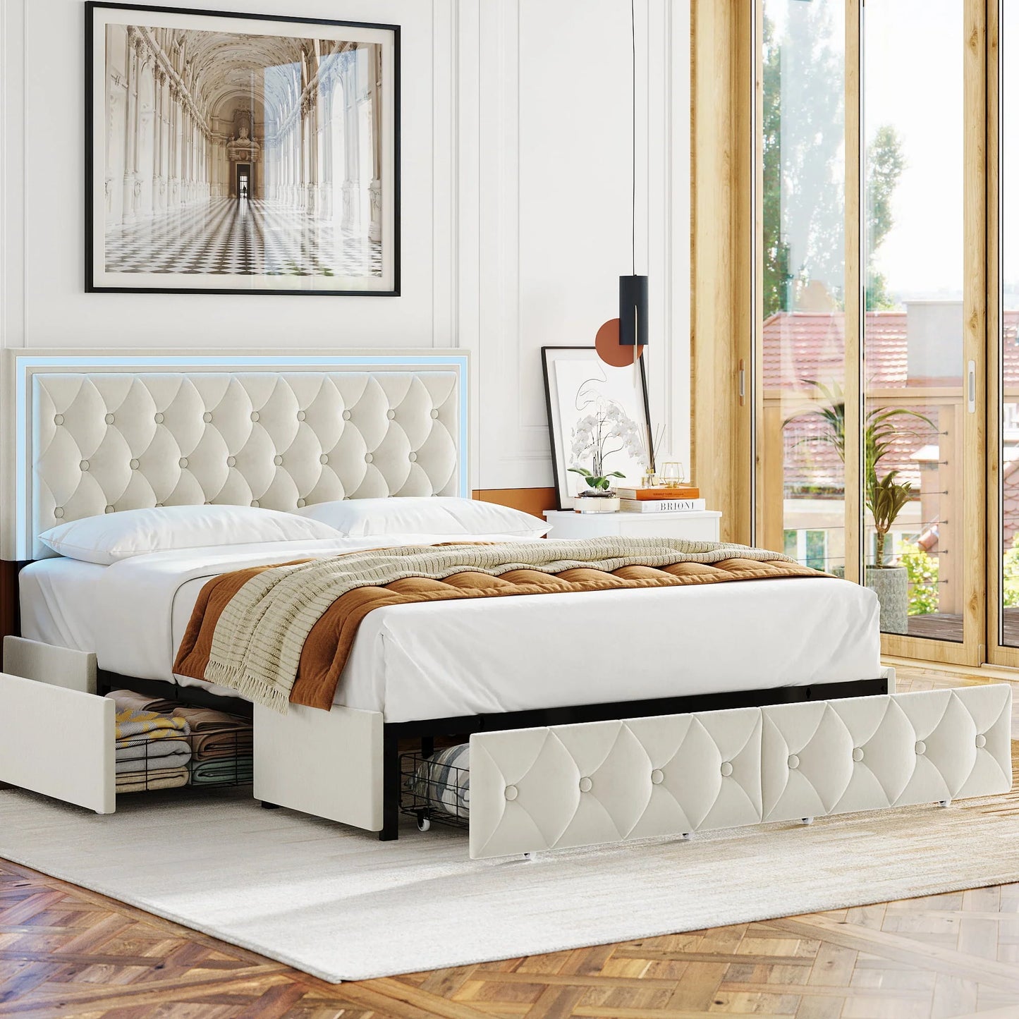 Homfa Queen LED Bed, 9 Colors LED Lights Platform Bed Frame with 4 Storage Drawers, Adjustable Upholstered Headboard with Button Tufted, Velvet Beige