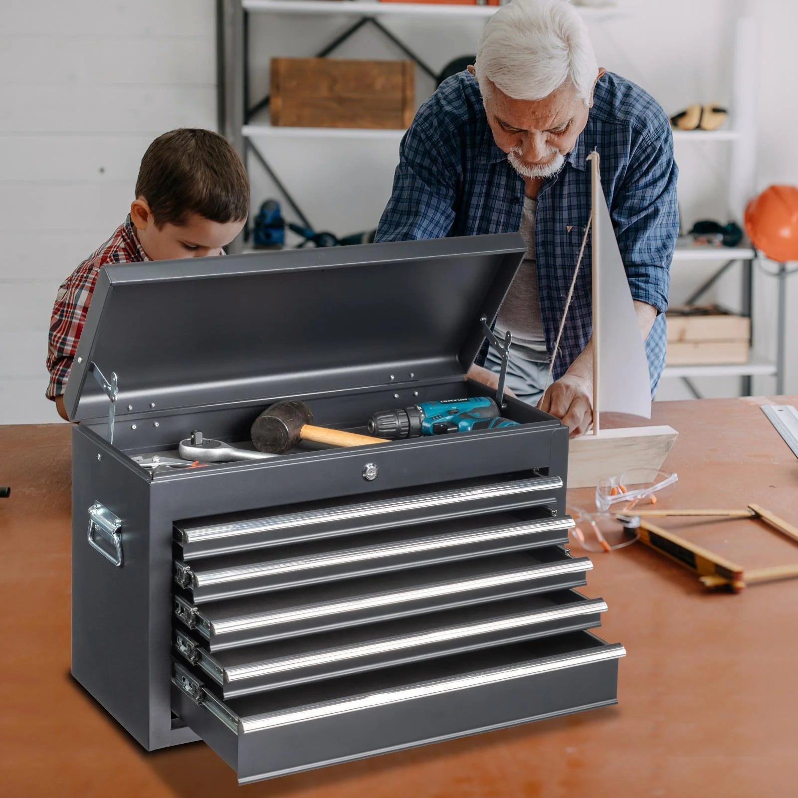 CGDYCF Portable 5-Drawer Metal Tool Chest Cabinet with Lock, Ball-Bearing Slides, Steel Tool Box for Garage & Workshop