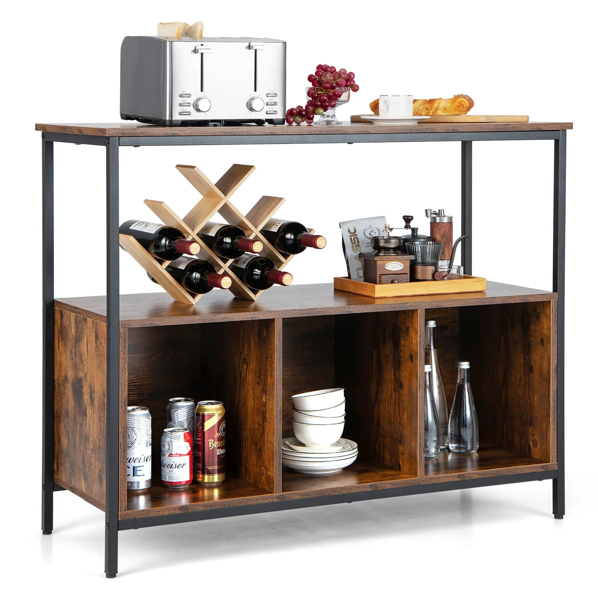 Costway Buffet Sideboard Kitchen Storage Cabinet Open Shelf w/3 Compartments Rustic