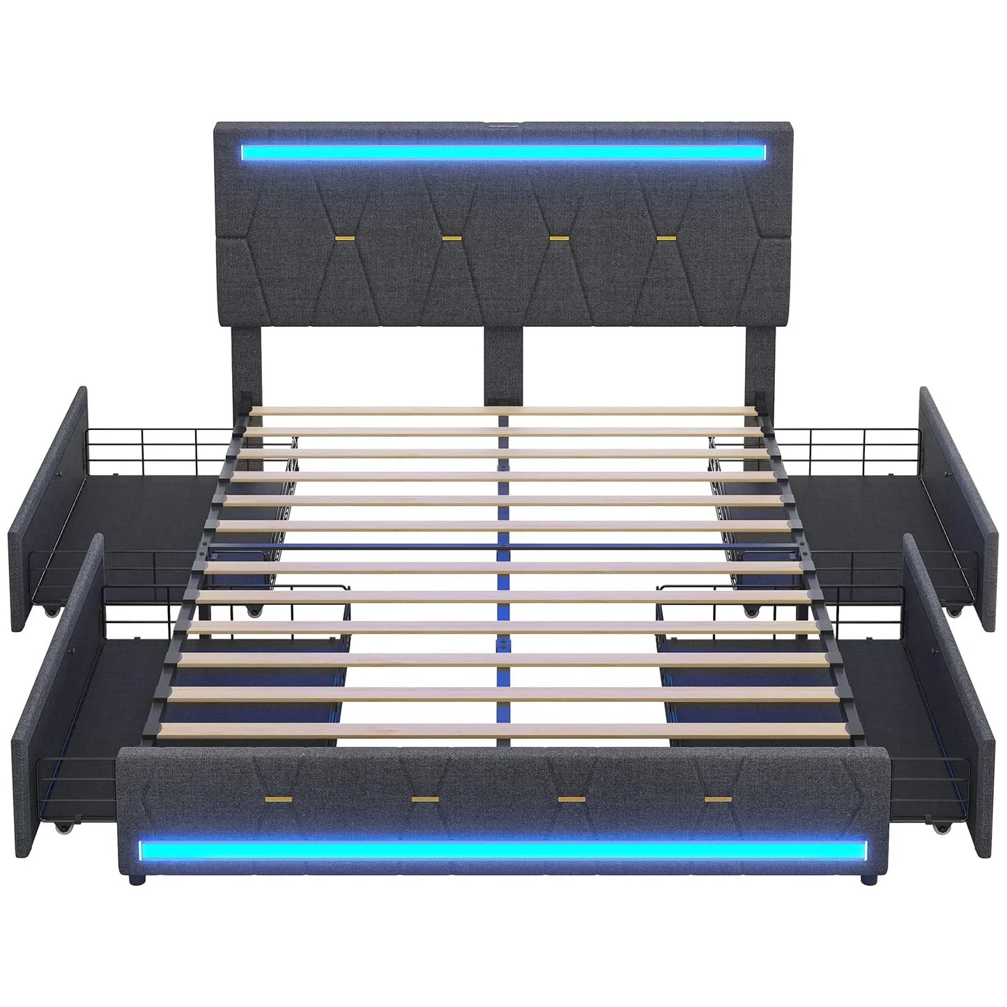 Tiptiper Queen Size Bed Frame with 2 USB Charging Station, Upholstered LED Bed Frame with 4 Drawers, Platform Storage Bed with LED Lights Headboard & Footboard, No Box Spring Needed, Dark Gray