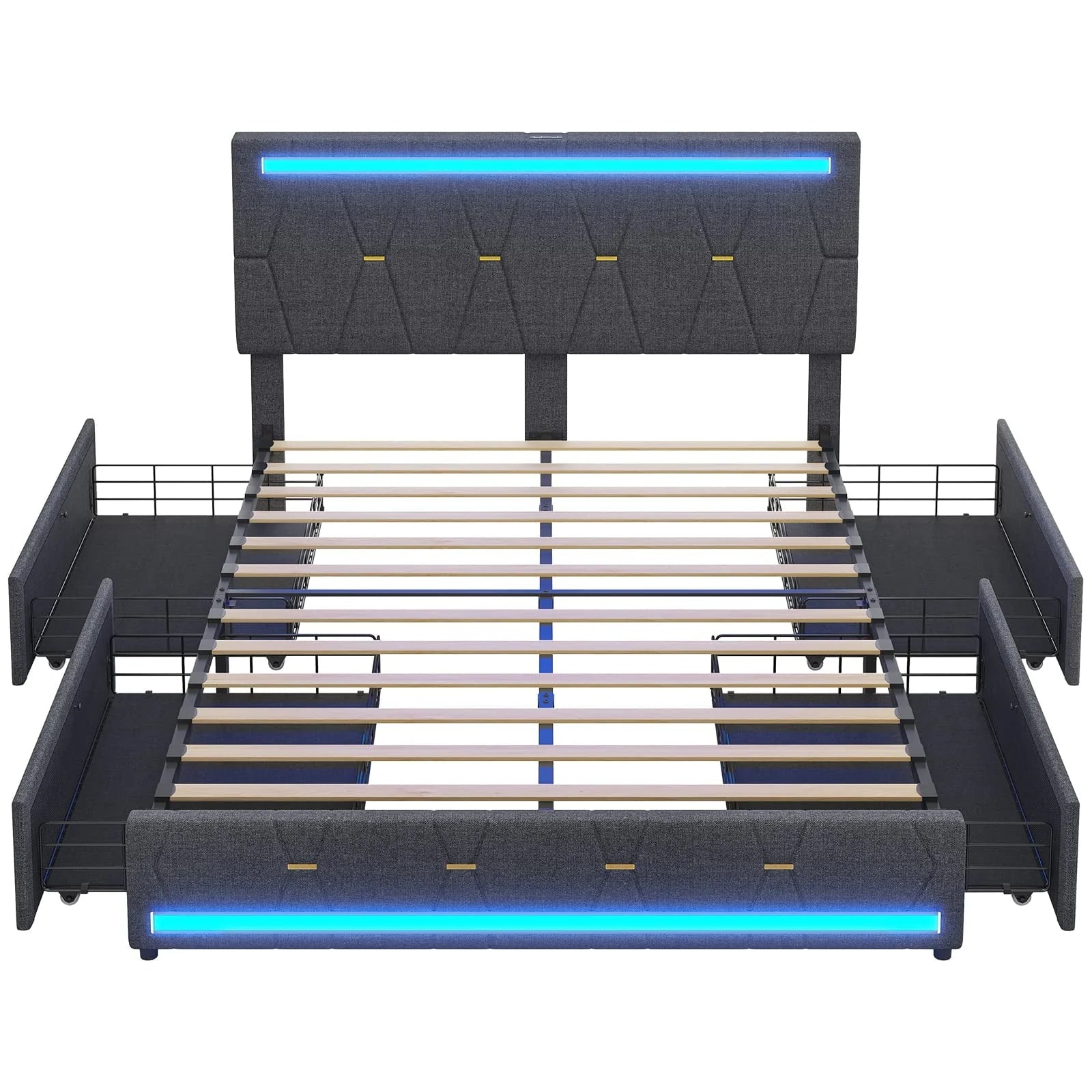 Tiptiper Queen Size Bed Frame with 2 USB Charging Station, Upholstered LED Bed Frame with 4 Drawers, Platform Storage Bed with LED Lights Headboard & Footboard, No Box Spring Needed, Dark Gray