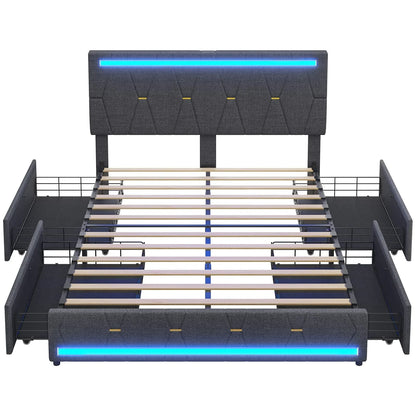 Tiptiper Queen Size Bed Frame with 2 USB Charging Station, Upholstered LED Bed Frame with 4 Drawers, Platform Storage Bed with LED Lights Headboard & Footboard, No Box Spring Needed, Dark Gray