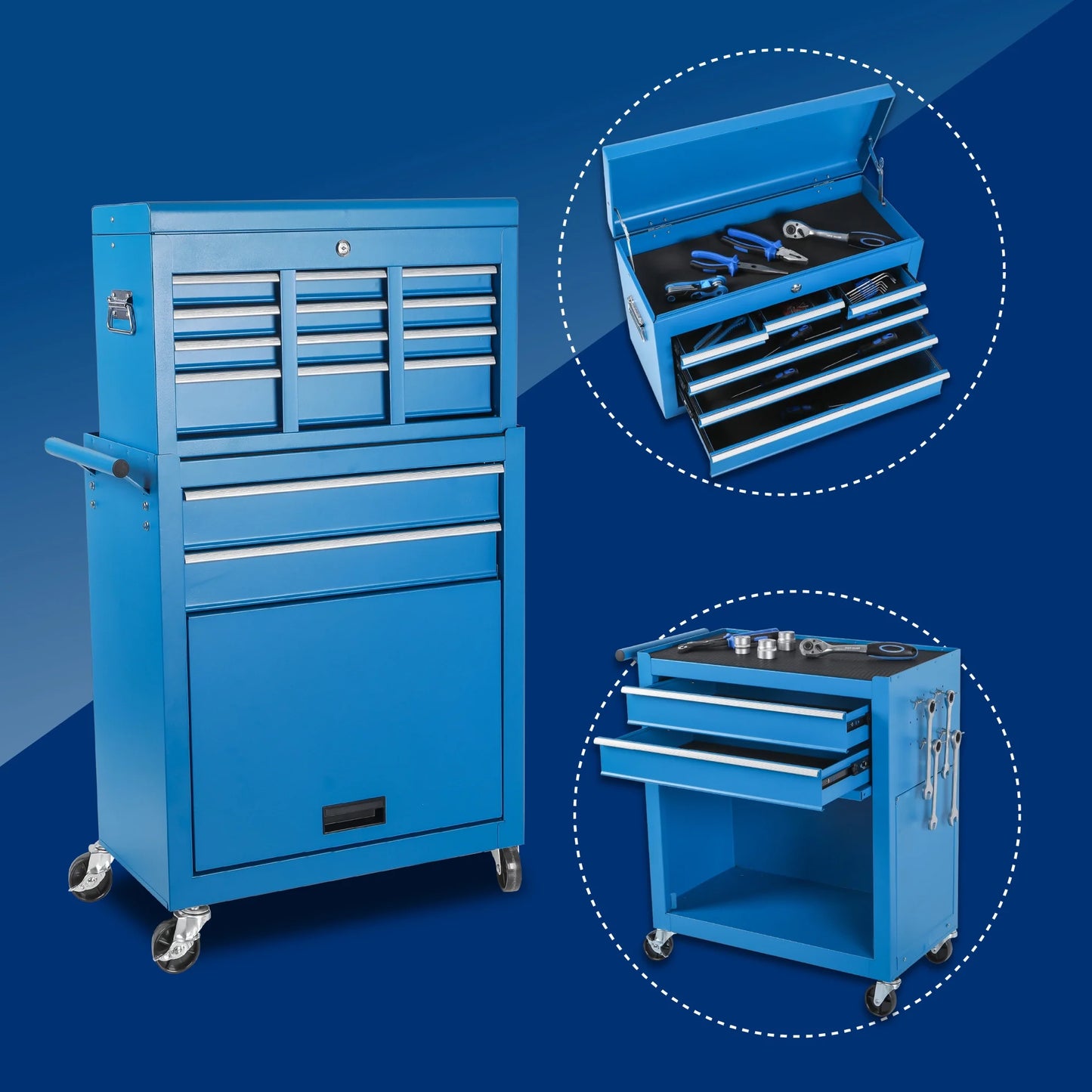 Tool Chest, 8-Drawer Rolling Tool Storage Cabinet with Lockable Wheels, Rolling Tool Chest with 2 in 1 Detachable Top Tool Box, and Locking Mechanism, Metal Tool Cart for Garage, Workshop, Blue