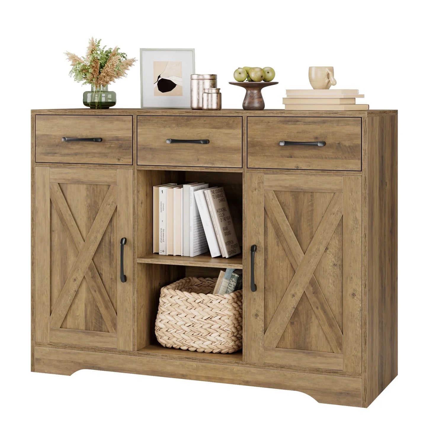 Homfa 41.7'' Wide 3 Drawer Brown Wood Sideboard, 3 Drawer Kitchen Buffet with 2 Doors, Storage Cabinet with 2-Tier Adjustable Shelves for Living Room
