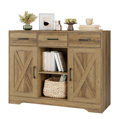 Homfa 41.7'' Wide 3 Drawer Brown Wood Sideboard, 3 Drawer Kitchen Buffet with 2 Doors, Storage Cabinet with 2-Tier Adjustable Shelves for Living Room
