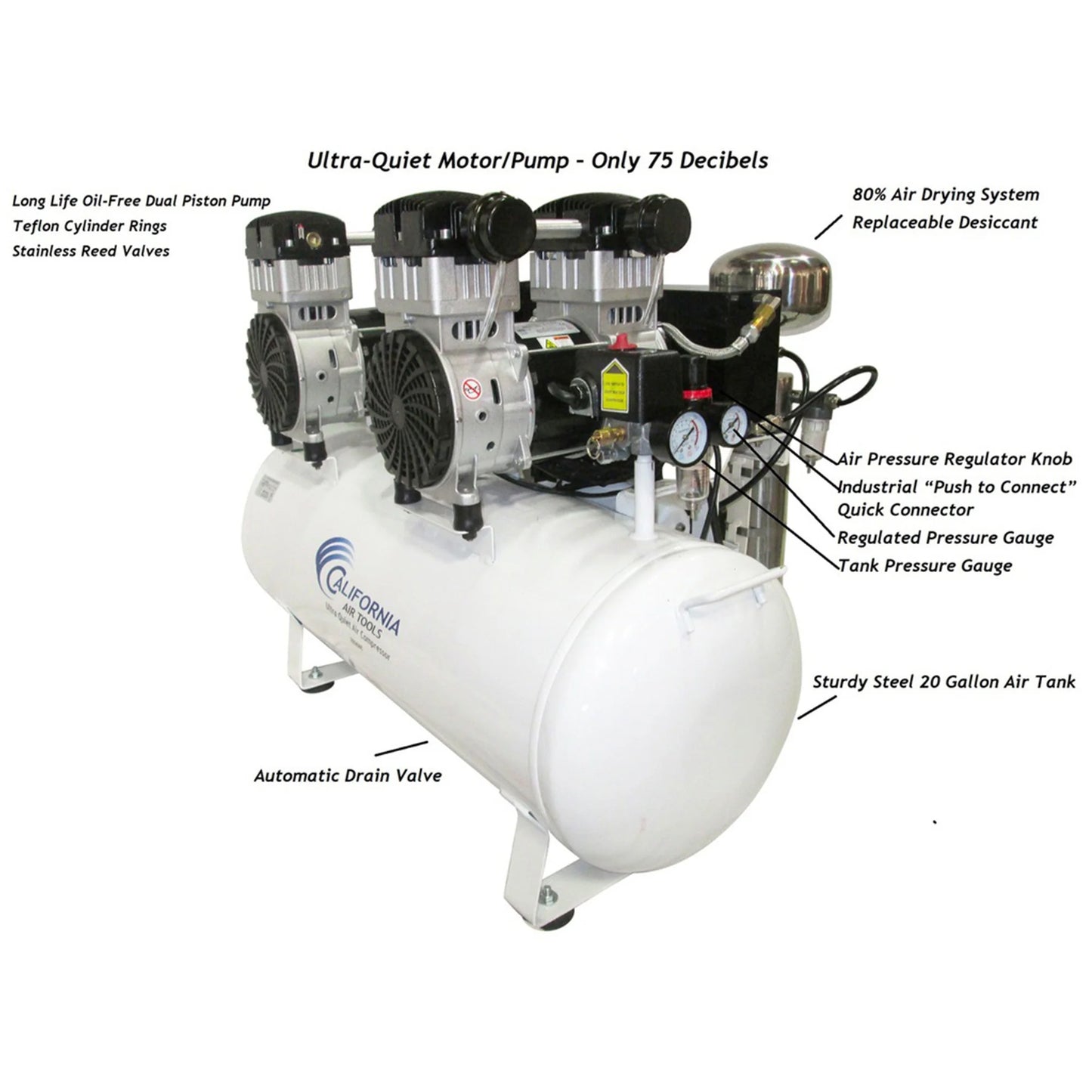 4 HP 20 Gallon 20040DCAD Ultra Quiet and Oil-Free Hot Dog Air Compressor with Air Dryer