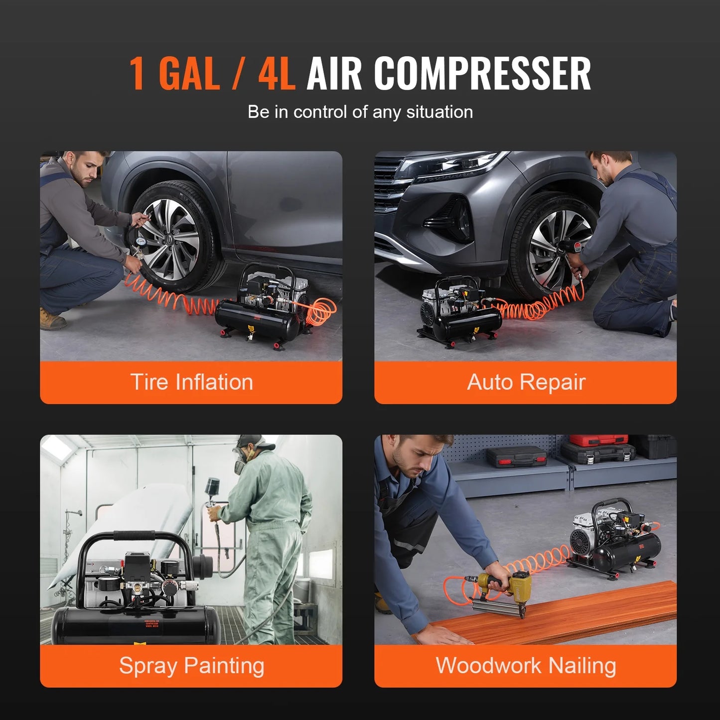KFFKFF Air Compressor with 1 Gallon Steel Tank, 1HP, 1.5 CFM at 90PSI & Max Pressure of 120PSI, Oil-Free Operation, 78dB Low Noise Level, Ideal for Automotive Maintenance, Tire Inflation