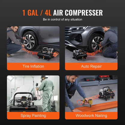 KFFKFF Air Compressor with 1 Gallon Steel Tank, 1HP, 1.5 CFM at 90PSI & Max Pressure of 120PSI, Oil-Free Operation, 78dB Low Noise Level, Ideal for Automotive Maintenance, Tire Inflation