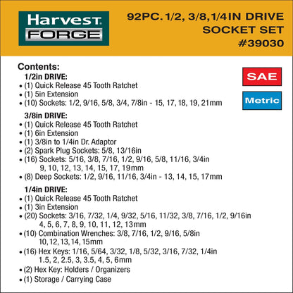 Pro-Grade 92 Pc Mechanics Tool Set, SAE & Metric, Chrome Vanadium, Ratchets, 39030