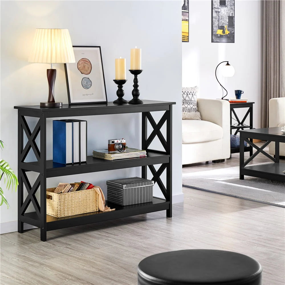 Easyfashion 3 Tier X-Design Console Table with Storage Shelves, Multiple Colors