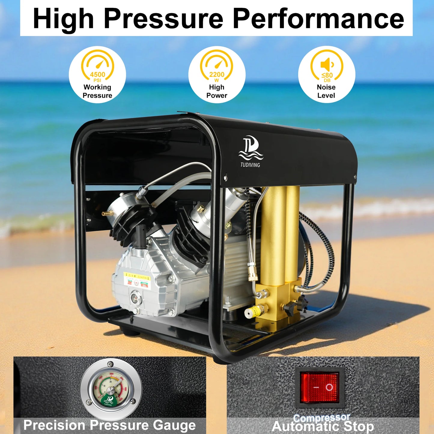 TUDIVING PCP Air Compressor, 4500psi Pcp Compressor Auto stop with Water and Fan Cooling, Triple Filtration for Scuba