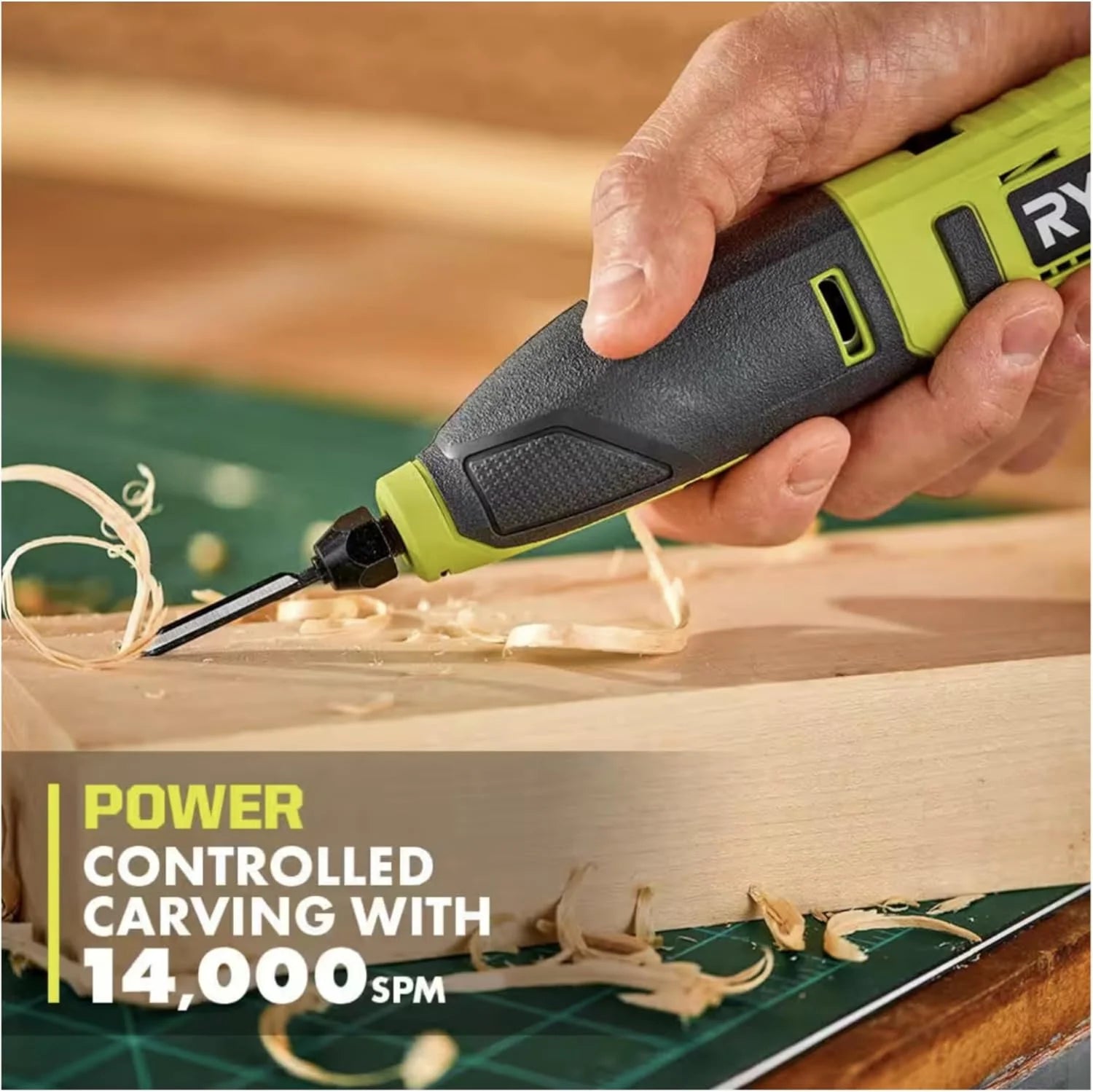 Power Carver Bundle with Ryobi Carver and Buho Tool Pouch, USB Lithium 2.0 Ah Battery and Charging Cable - Wood Carving Tool - Includes Straight Chisel, U-Gouge and V-Gouge Blades