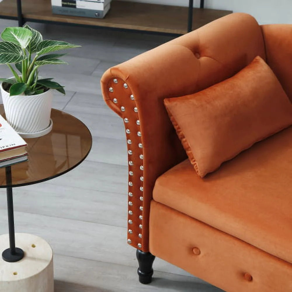Velvet Chaise Lounge with Storage,Modern Upholstered Long Lounger with a Pillow and Solid Wood Legs,Multifunctional Sleeper Lounge Sofa for Living Room Bedroom Office,Orange