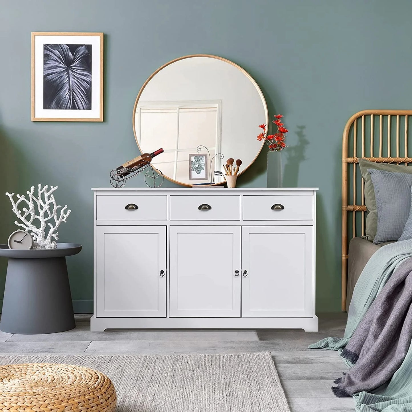 Erinnyees Sideboard Storage Cabinet with 3 Drawers and 3 Cabinets, Buffet Cabinet for Kitchen, Ding Room, Living Room, White