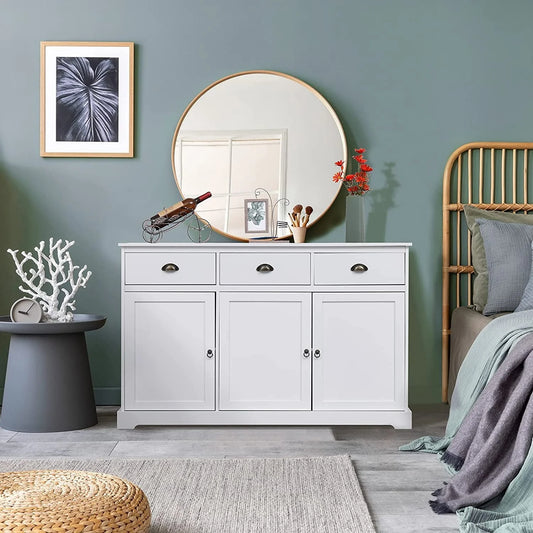 Erinnyees Sideboard Storage Cabinet with 3 Drawers and 3 Cabinets, Buffet Cabinet for Kitchen, Ding Room, Living Room, White