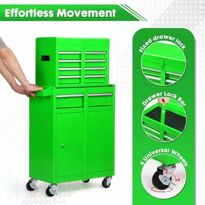 5-Drawer Rolling Tool Chest - 2-in-1 Lockable Tool Box with Wheels, Sliding Drawers & Detachable Top - Garage & Workshop Storage Cabinet, Green