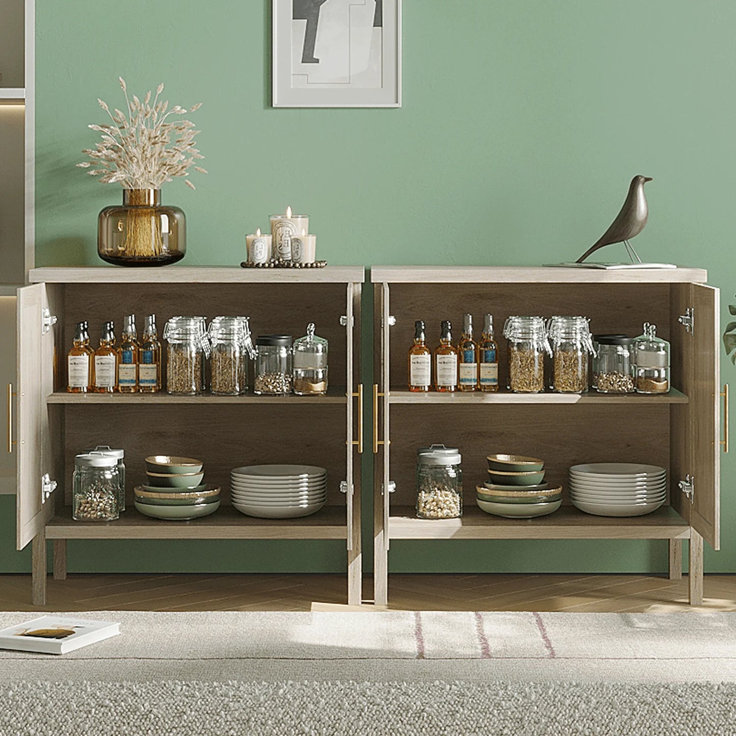 RichYa Rattan Storage Cabinet Buffet Cabinet Sideboard Cupboard for Hallway Entry Living Room 31.5" W x 15.75" D x 31.5" H Wood Color