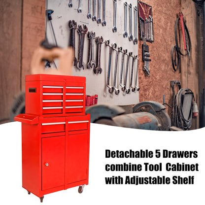 5-Drawer Tool Organizer Box, 2 in 1 Rolling Tool Chest w/Adjustable Shelf, Detachable Top, Lockable Wheels for Garage Workshop Warehouse, Red