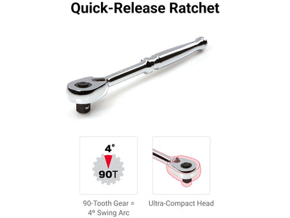 TEKTON 1/4 Inch Drive 12-Point Socket and Ratchet Set with Rails, 35-Piece (4-15 mm) | SKT03202