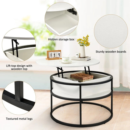 Round Lift Top Coffee Table with Storage, Industrial Wood Coffee Table with Metal Frame for Living Room, White
