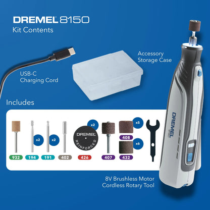 Dremel 8150-N/20 8V-Cordless Variable Speed Rotary Tool, Integrated 2Ah Battery, LED Nose Cap Light, 20 Accessories