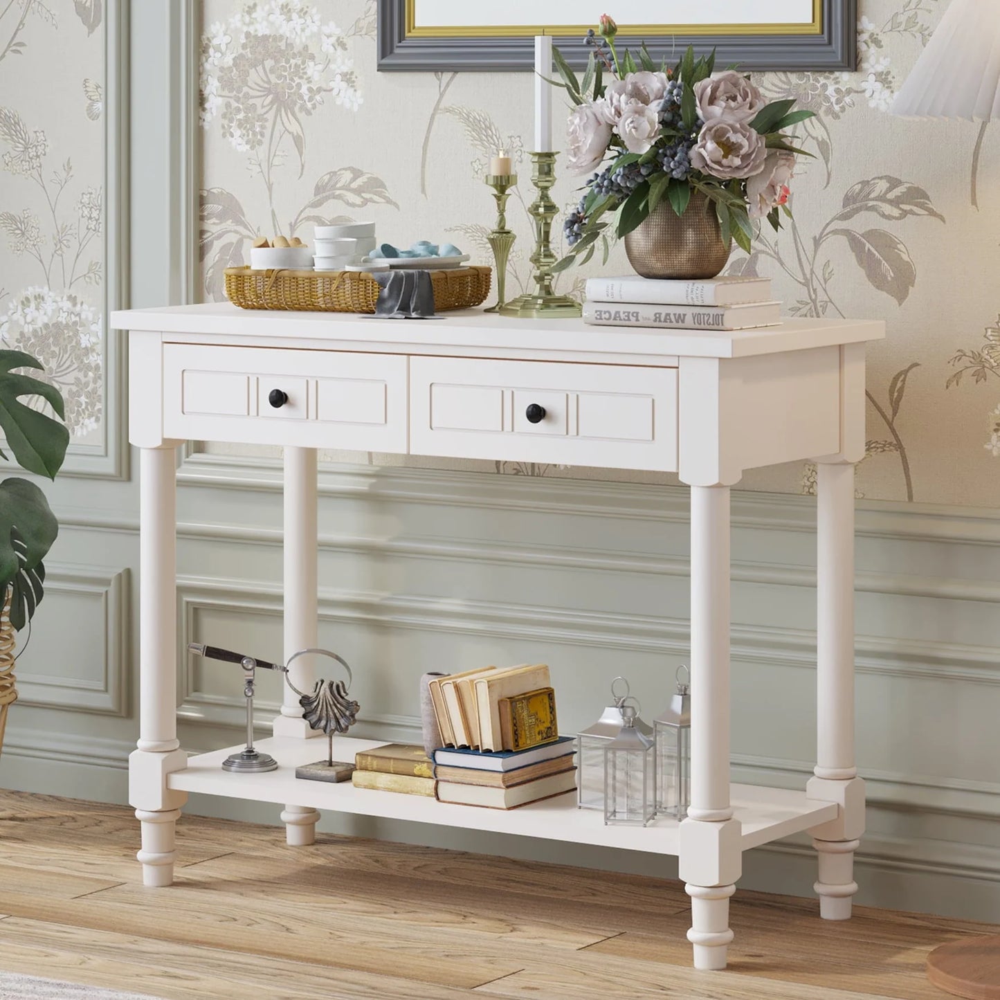 Ktaxon Wooden Console Table with 2 Drawers and Storage Shelf, Sofa Table Entryway Table Side Desk TV Stand for Living Room Hallway Kitchen, Ivory White