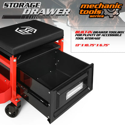 M-AUTO Adjustable Rectangular Roller Tool Box Padded Chair with Storage Tool Tray & Cabinet, 350 lbs Capacity with Casters - Red