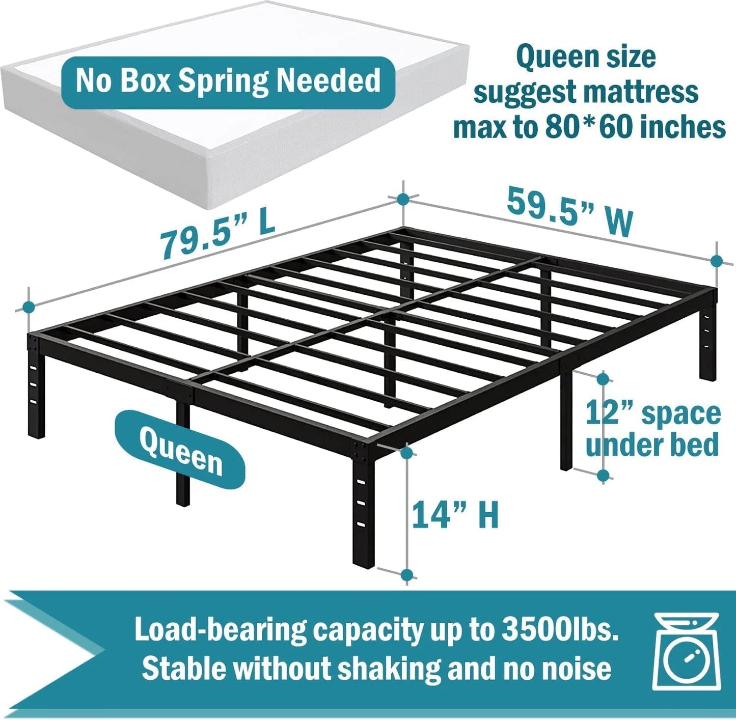 OmiNight 18 inches Tall Heavy Duty Steel Slat Queen Size Metal Bed Frame,Noiseless,No Box Spring Needed,Easy Set up,Non-Slip Support,Adequate Under-bed Storage, Metal Platform Bed for Adults