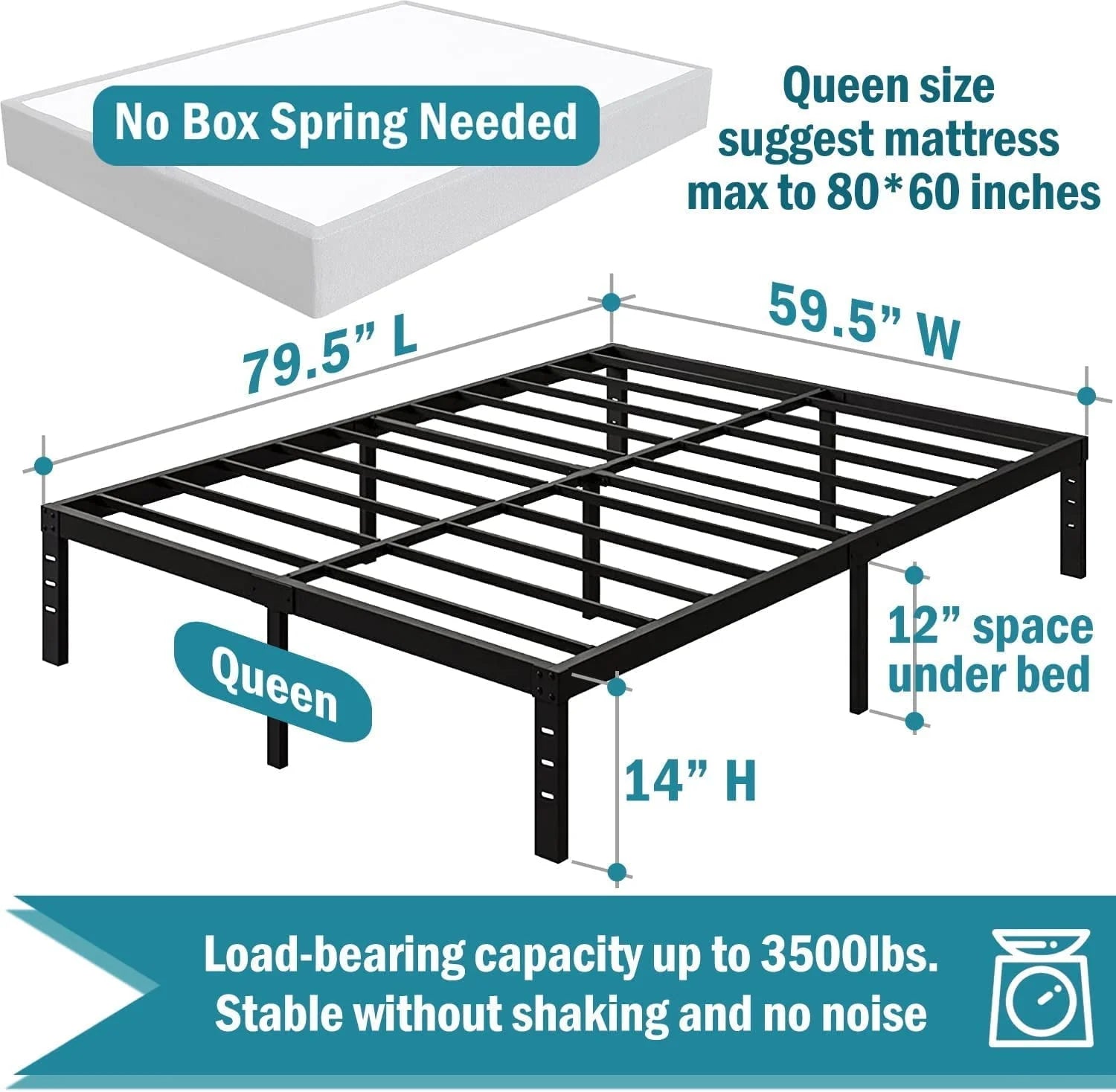 OmiNight 18 inches Tall Heavy Duty Steel Slat Queen Size Metal Bed Frame,Noiseless,No Box Spring Needed,Easy Set up,Non-Slip Support,Adequate Under-bed Storage, Metal Platform Bed for Adults