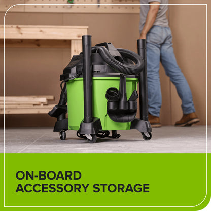 Greenworks 9 Gallon AC Wet/Dry Vacuum, Workshops Wheeled Cleaner with Washable HEPA Filter and Multiple Accessories for Hard Floor & Carpet